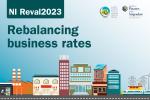 Text reads: Reval 2023. Rebalancing business rates. Image shows animated city-scape.