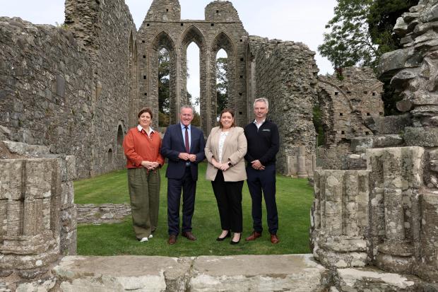 Finance Minister, Conor Murphy along with Communities Minister, Deirdre Hargey pictured at Inch Abbey in Downpatrick with Bronagh Vallely, Commercial Director from idverde and Darren McGrath, Director of McGrath Contracts Ltd