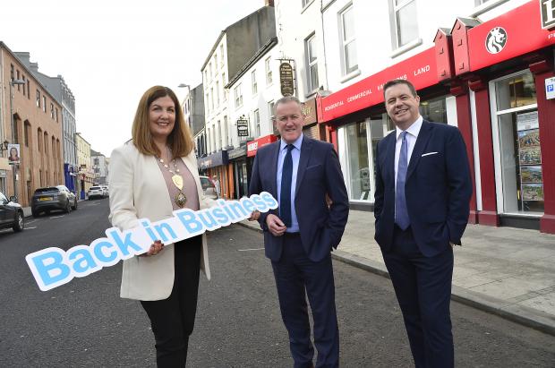Finance Minister Conor Murphy with Julie Gibbons, President, Newry Chamber of Commerce and Glyn Roberts, Chief Executive Retail NI