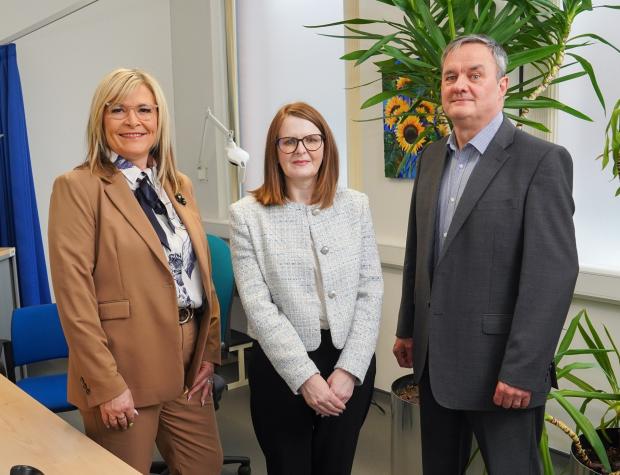 Finance Minister Dr Caoimhe Archibald MLA pictured with NICS HR Director Catherine Shannon and Lead Medical Officer Dr David Mills
