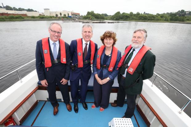 Ó Muilleoir is pictured visiting Waterways Ireland with (L-R): Fermanagh and Omagh council Chief Executive Brendan Hegarty, Waterways Ireland Chief Executive Dawn Livingstone and Forest Service Chief Executive Malcolm Beattie