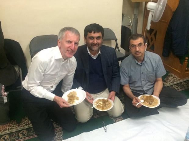 Finance Minister Máirtín Ó Muilleoir pictured on his visit to the Belfast Islamic Centre at the end of fasting on Wednesday to mark Ramadan 
