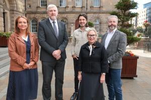 Finance Minister John O’Dowd pictured with Belfast Chamber board and council members: Leona Barr, Gavin Annon, Michelle Greeves and David Quinn.